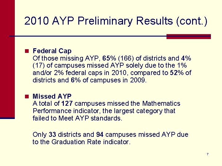 2010 AYP Preliminary Results (cont. ) n Federal Cap Of those missing AYP, 65%