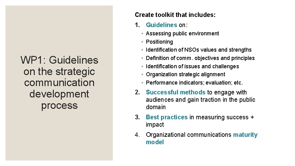 Create toolkit that includes: 1. Guidelines on: WP 1: Guidelines on the strategic communication