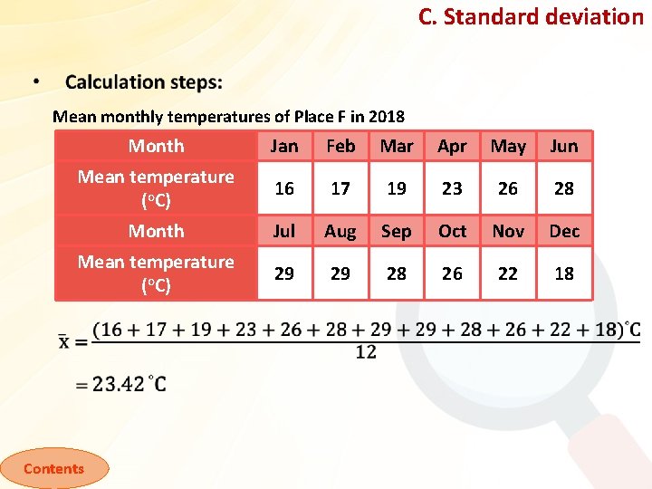 C. Standard deviation Mean monthly temperatures of Place F in 2018 Month Jan Feb