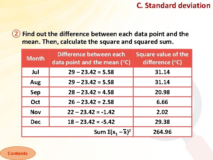 C. Standard deviation ② Find out the difference between each data point and the