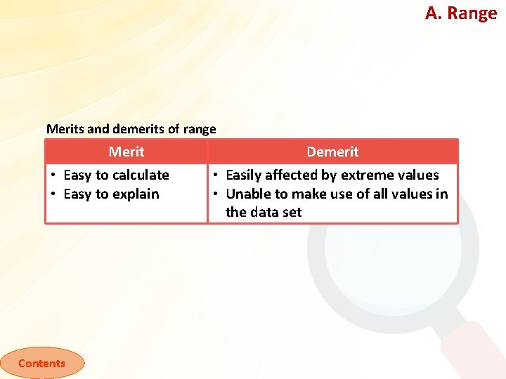 A. Range Merits and demerits of range Merit • Easy to calculate • Easy