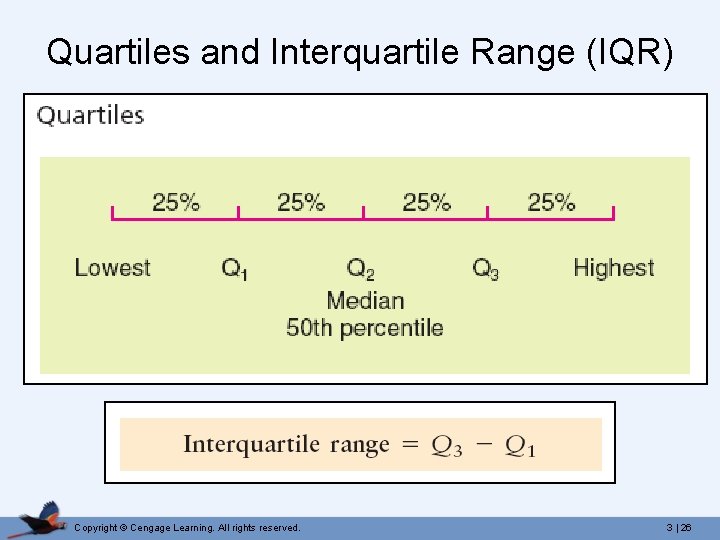 Quartiles and Interquartile Range (IQR) Copyright © Cengage Learning. All rights reserved. 3 |