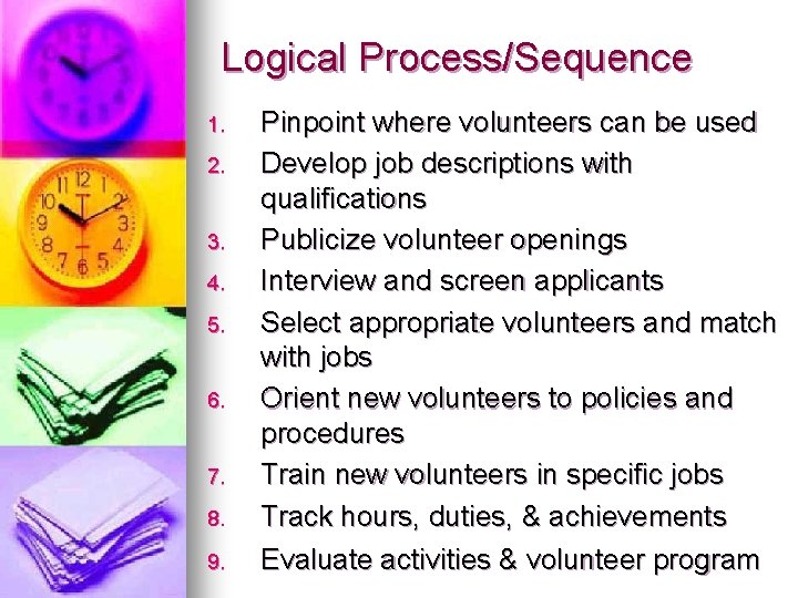 Logical Process/Sequence 1. 2. 3. 4. 5. 6. 7. 8. 9. Pinpoint where volunteers