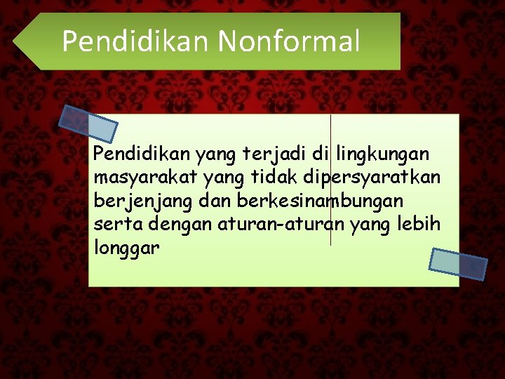 Pendidikan Nonformal Pendidikan yang terjadi di lingkungan masyarakat yang tidak dipersyaratkan berjenjang dan berkesinambungan