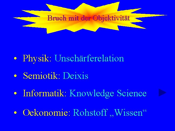 Bruch mit der Objektivität • Physik: Unschärferelation • Semiotik: Deixis • Informatik: Knowledge Science