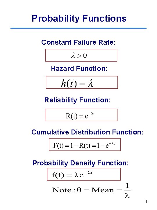 Probability Functions Constant Failure Rate: Hazard Function: Reliability Function: Cumulative Distribution Function: Probability Density Probability Functions Constant Failure Rate: Hazard Function: Reliability Function: Cumulative Distribution Function: Probability Density