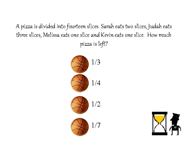 A pizza is divided into fourteen slices. Sarah eats two slices, Judah eats three