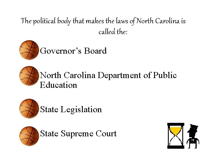 The political body that makes the laws of North Carolina is called the: –