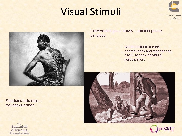 Visual Stimuli Differentiated group activity – different picture per group. Mindmeister to record contributions