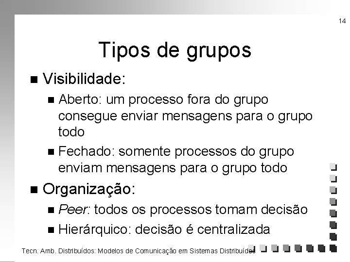 14 Tipos de grupos n Visibilidade: Aberto: um processo fora do grupo consegue enviar