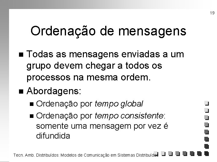 19 Ordenação de mensagens Todas as mensagens enviadas a um grupo devem chegar a