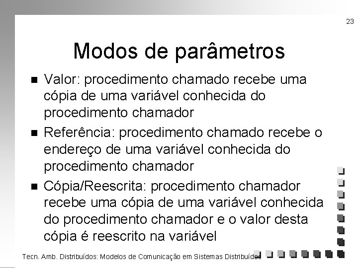 23 Modos de parâmetros n n n Valor: procedimento chamado recebe uma cópia de