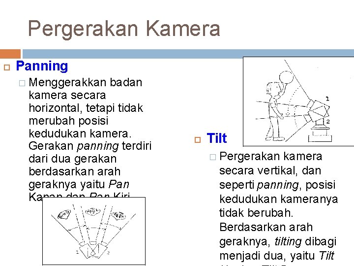 Pergerakan Kamera Panning � Menggerakkan badan kamera secara horizontal, tetapi tidak merubah posisi kedudukan
