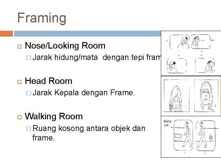 Framing Nose/Looking Room � Jarak Head Room � Jarak hidung/mata dengan tepi frame. Kepala