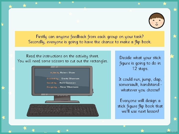 Firstly can anyone feedback from each group on your task? Secondly, everyone is going