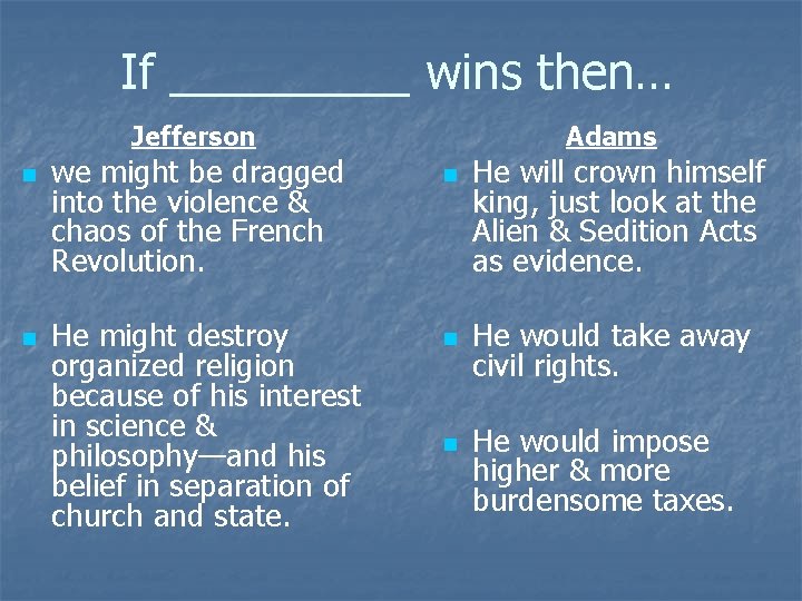 If _____ wins then… Jefferson n n we might be dragged into the violence