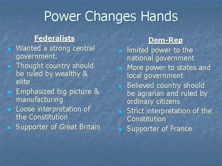 Power Changes Hands n n n Federalists Wanted a strong central government. Thought country