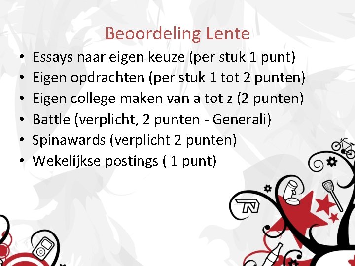 Beoordeling Lente • • • Essays naar eigen keuze (per stuk 1 punt) Eigen