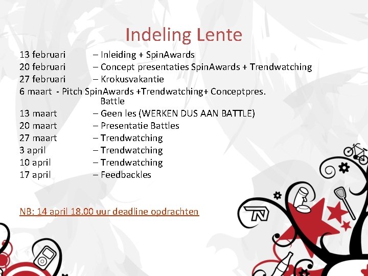 Indeling Lente 13 februari – Inleiding + Spin. Awards 20 februari – Concept presentaties