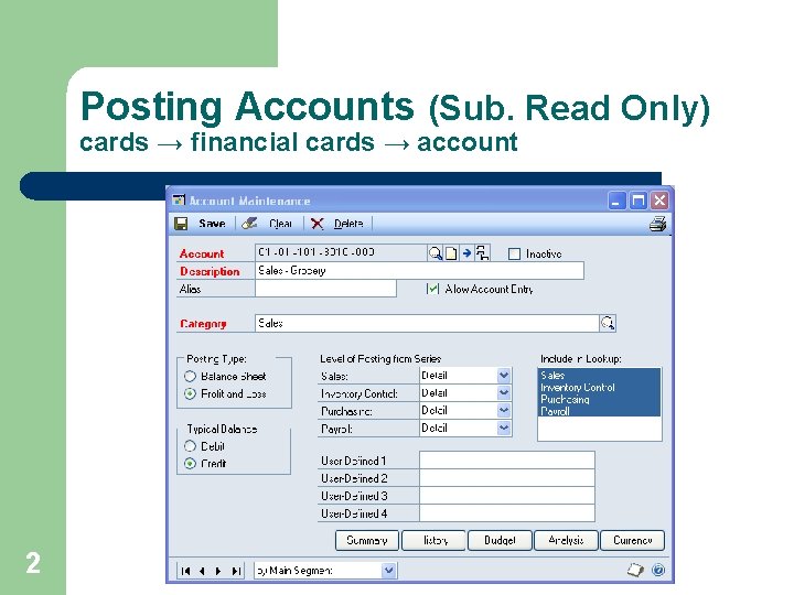 Posting Accounts (Sub. Read Only) cards → financial cards → account 2 