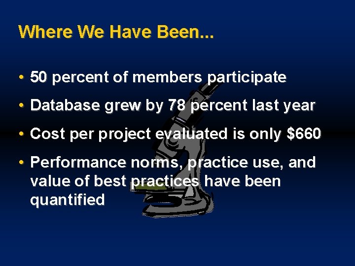 Where We Have Been. . . • 50 percent of members participate • Database