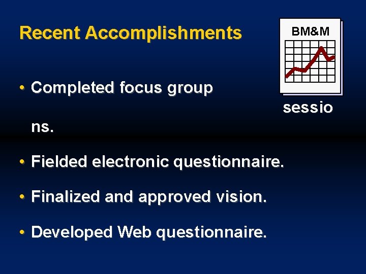 Recent Accomplishments BM&M • Completed focus group sessio ns. • Fielded electronic questionnaire. •