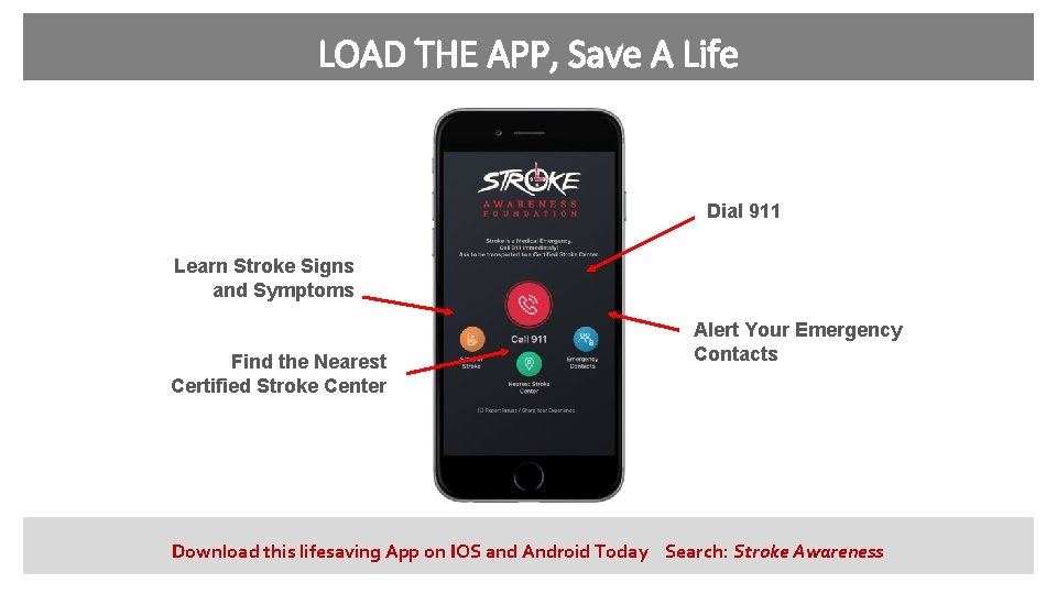 LOAD THE APP, Save A Life Dial 911 Learn Stroke Signs and Symptoms Find