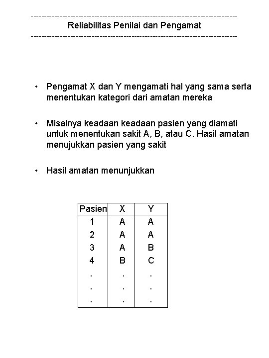 --------------------------------------- Reliabilitas Penilai dan Pengamat --------------------------------------- • Pengamat X dan Y mengamati hal yang