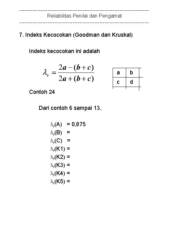 ---------------------------------------Reliabilitas Penilai dan Pengamat --------------------------------------- 7. Indeks Kecocokan (Goodman dan Kruskal) Indeks kecocokan ini