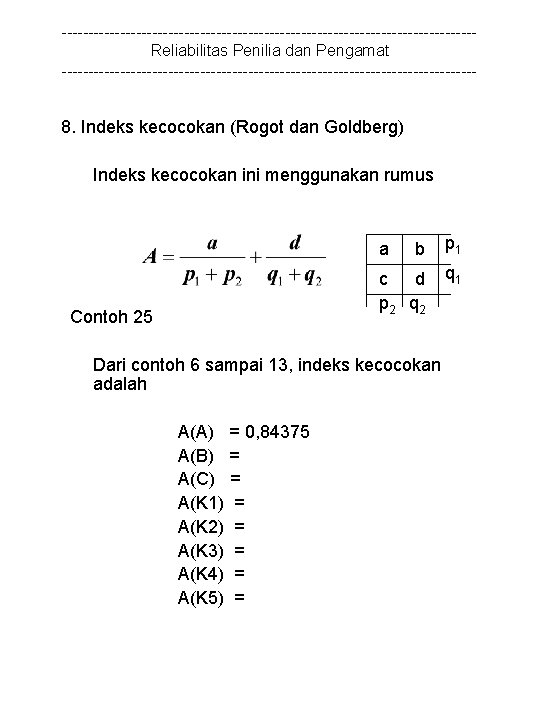 ---------------------------------------Reliabilitas Penilia dan Pengamat --------------------------------------- 8. Indeks kecocokan (Rogot dan Goldberg) Indeks kecocokan ini