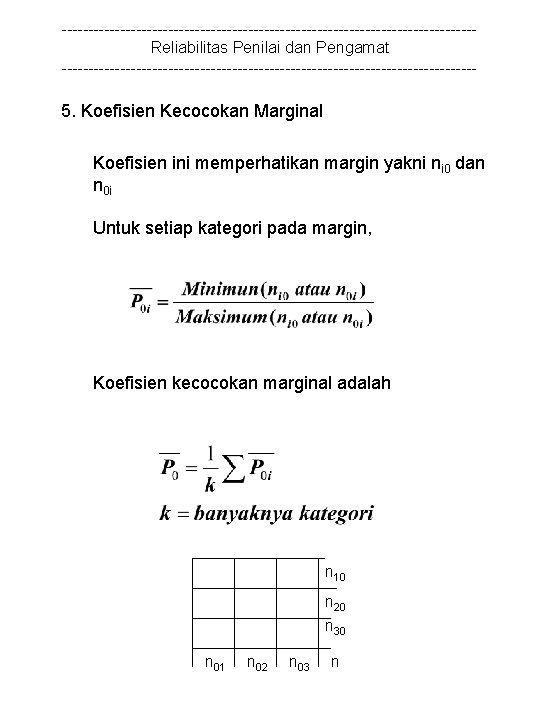 ---------------------------------------Reliabilitas Penilai dan Pengamat --------------------------------------- 5. Koefisien Kecocokan Marginal Koefisien ini memperhatikan margin yakni