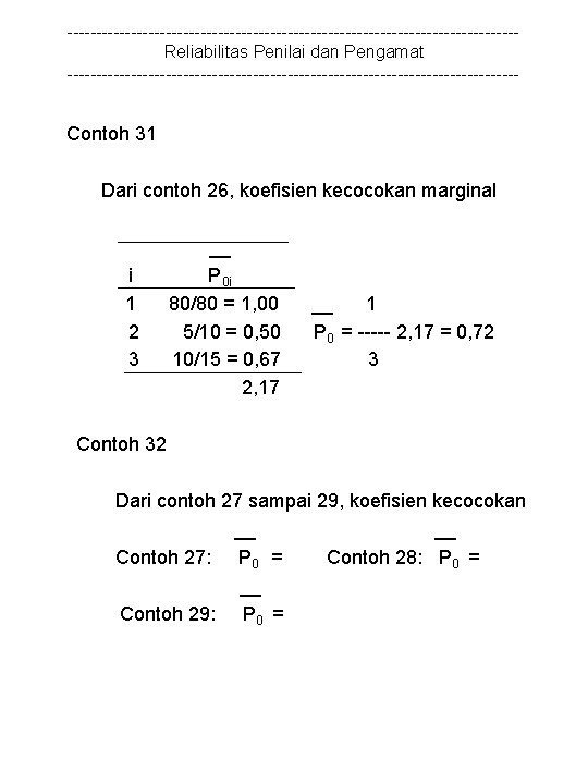 ---------------------------------------Reliabilitas Penilai dan Pengamat --------------------------------------- Contoh 31 Dari contoh 26, koefisien kecocokan marginal i