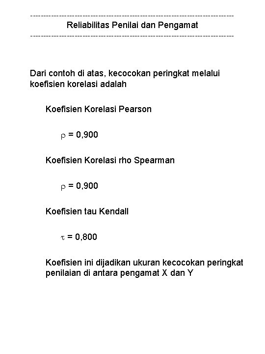 --------------------------------------- Reliabilitas Penilai dan Pengamat --------------------------------------- Dari contoh di atas, kecocokan peringkat melalui koefisien