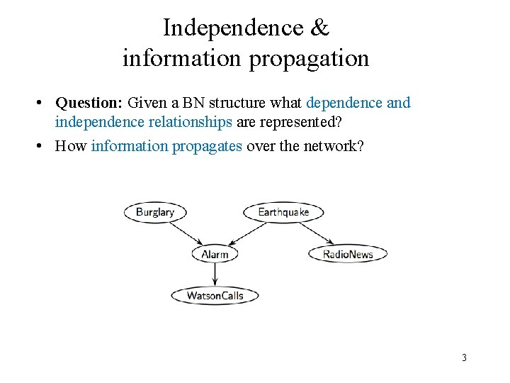Independence & information propagation • Question: Given a BN structure what dependence and independence