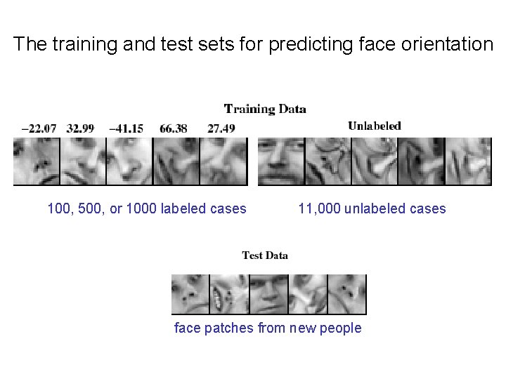 The training and test sets for predicting face orientation 100, 500, or 1000 labeled