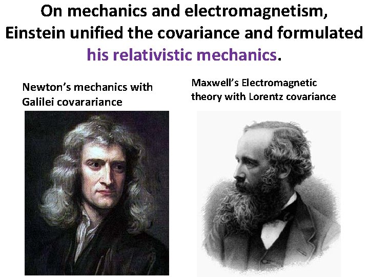 On mechanics and electromagnetism, Einstein unified the covariance and formulated his relativistic mechanics. Newton’s