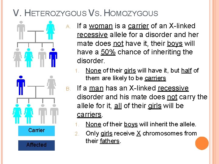 V. HETEROZYGOUS VS. HOMOZYGOUS A. If a woman is a carrier of an X-linked