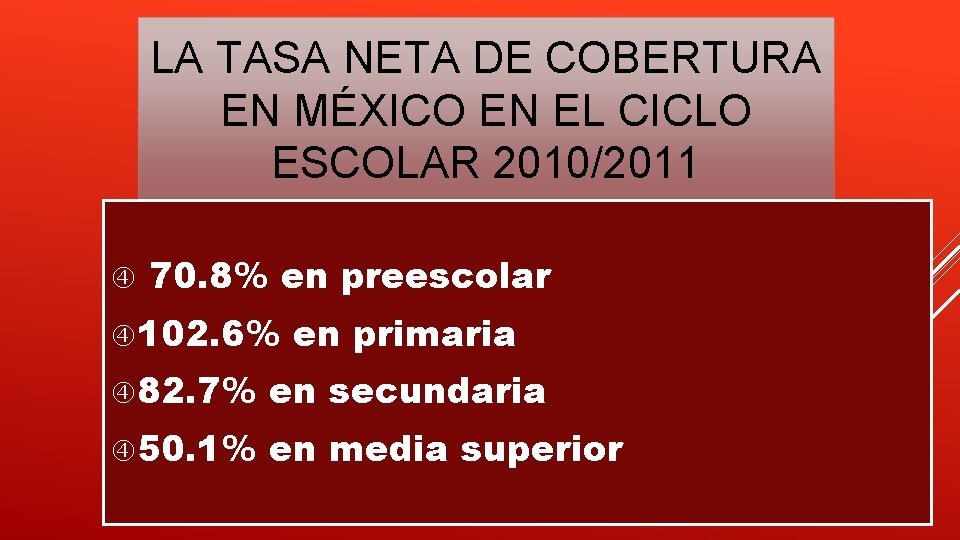 LA TASA NETA DE COBERTURA EN MÉXICO EN EL CICLO ESCOLAR 2010/2011 70. 8% LA TASA NETA DE COBERTURA EN MÉXICO EN EL CICLO ESCOLAR 2010/2011 70. 8%