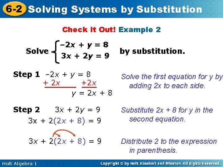 6 -2 Solving Systems by Substitution Check It Out! Example 2 Solve – 2