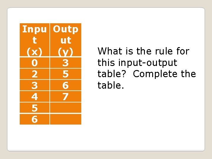 Inpu Outp t ut (x) (y) 0 3 2 5 3 6 4 7