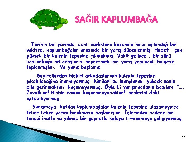 SAĞIR KAPLUMBAĞA Tarihin bir yerinde, canlı varlıklara kazanma hırsı aşılandığı bir vakitte, kaplumbağalar arasında