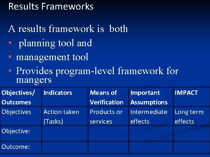 Results Frameworks A results framework is both • planning tool and • management tool