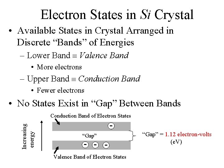 Electron States in Si Crystal • Available States in Crystal Arranged in Discrete “Bands”