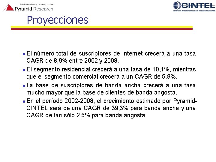 Proyecciones El número total de suscriptores de Internet crecerá a una tasa CAGR de