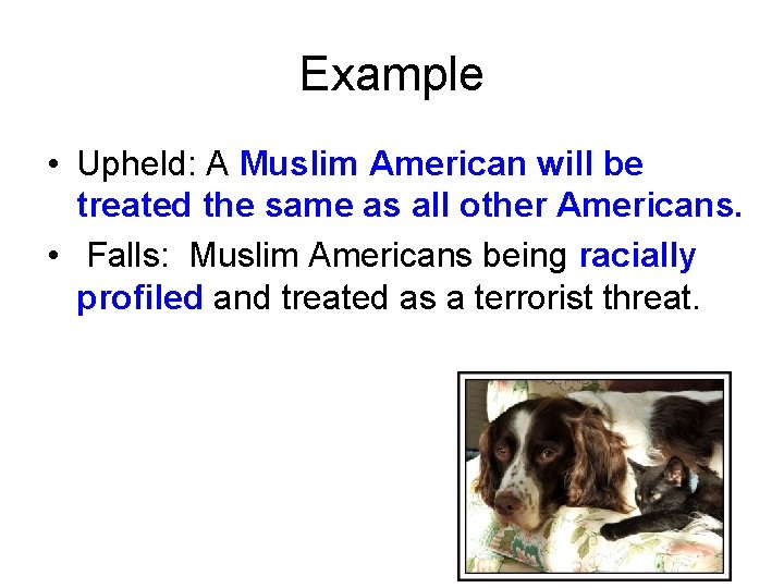Example • Upheld: A Muslim American will be treated the same as all other