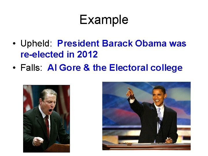 Example • Upheld: President Barack Obama was re-elected in 2012 • Falls: Al Gore