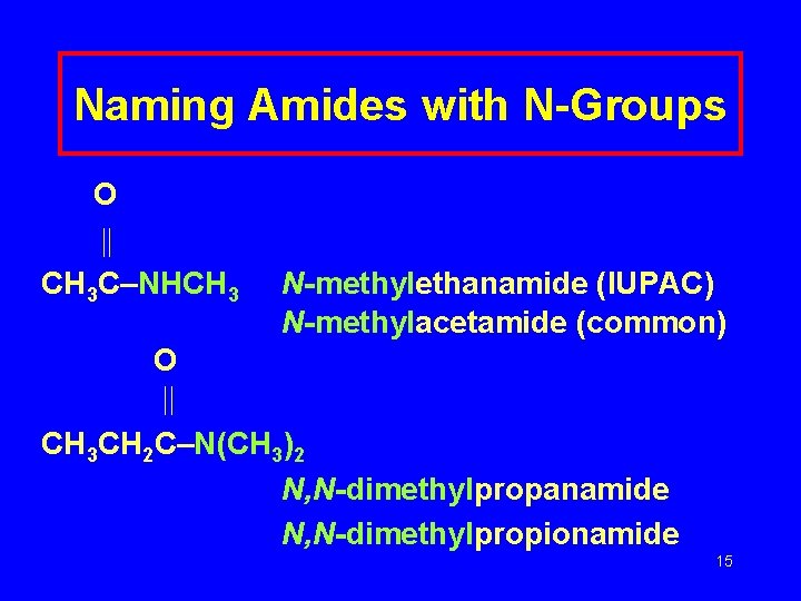 Naming Amides with N-Groups O CH 3 C–NHCH 3 N-methylethanamide (IUPAC) N-methylacetamide (common) O