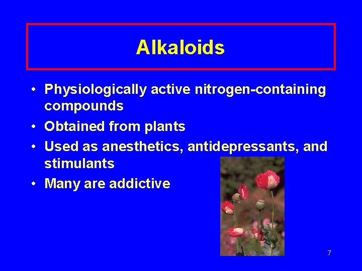 Alkaloids • Physiologically active nitrogen-containing compounds • Obtained from plants • Used as anesthetics,