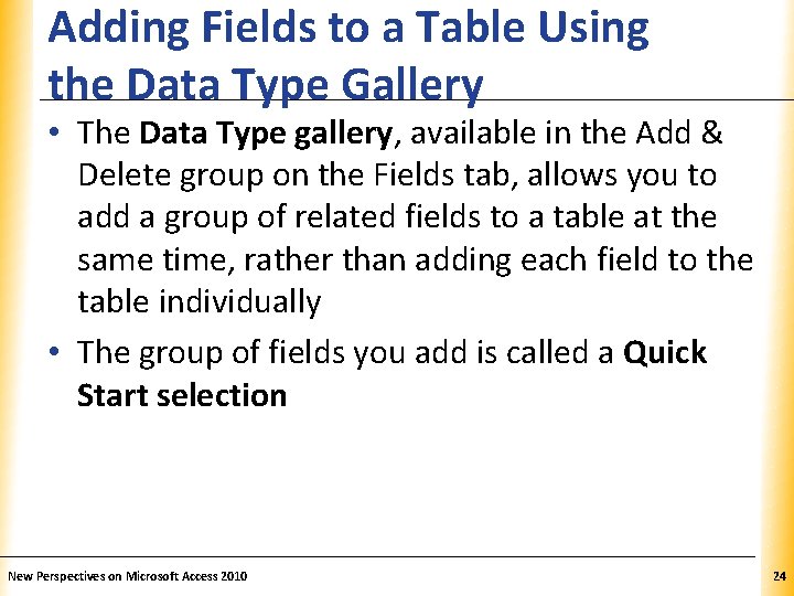 Adding Fields to a Table Using the Data Type Gallery XP • The Data Adding Fields to a Table Using the Data Type Gallery XP • The Data