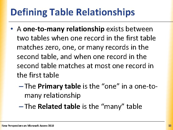 Defining Table Relationships XP • A one-to-many relationship exists between two tables when one Defining Table Relationships XP • A one-to-many relationship exists between two tables when one